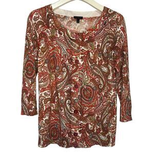 Talbots Paisley Cardigan Sweater size Small 3/4 Sleeve Cotton Blend Button Up